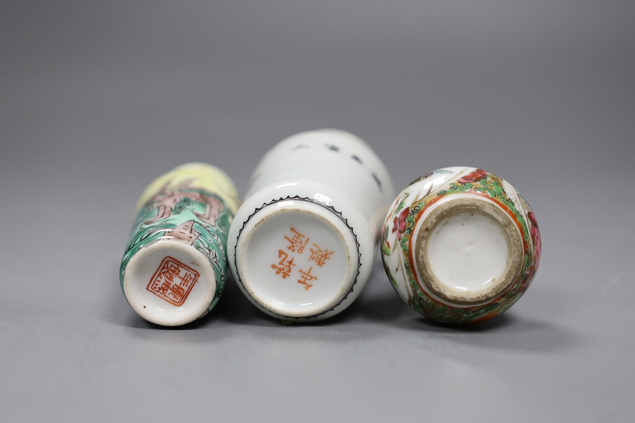 Three Chinese enamelled porcelain miniature vases, late 19th century / Republic period, tallest 10cms high
